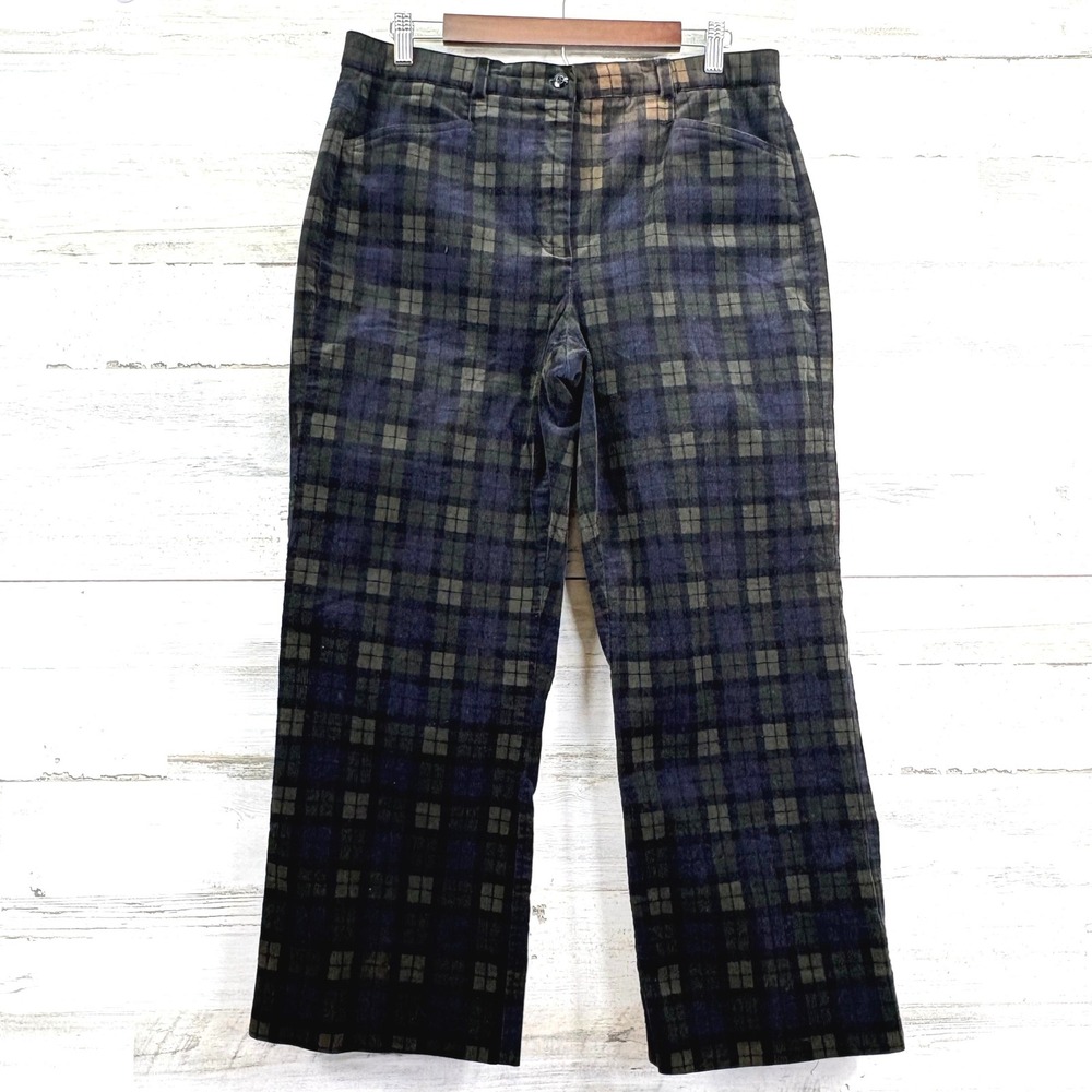 ORVIS Women Plaid Tartan Corduroy Pants Size 12 Blue Green Straight Leg Casual